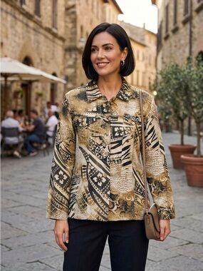 ioS Vintage Blazer Textured Animal Print Jacket Silk Linen Blend Geometric Large